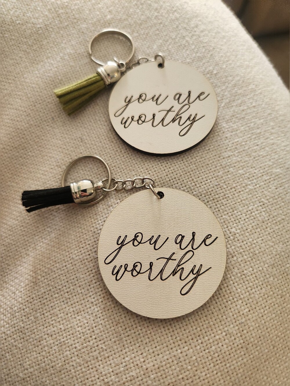You Are Worthy Round Keychain - White with Black Script